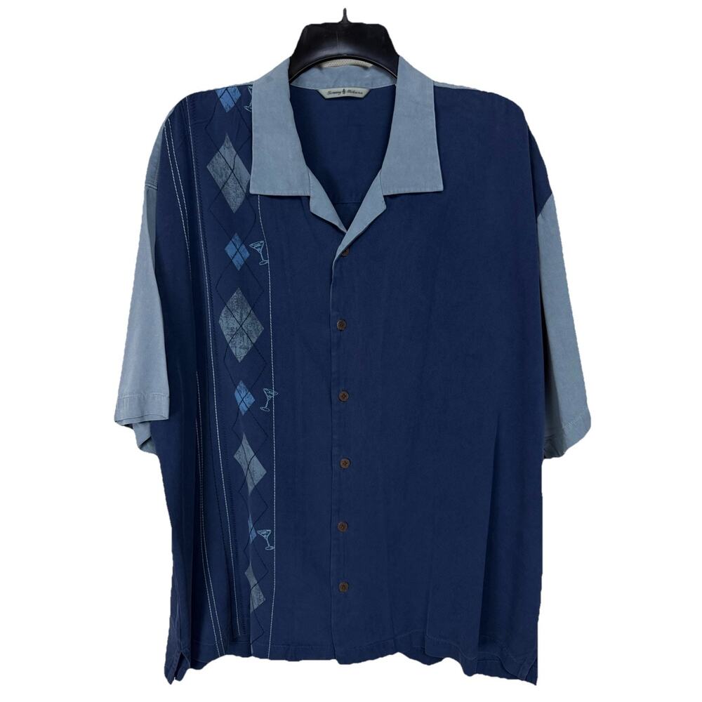 Tommy Bahama Men's Silk Shirt XXL Blue Gray Argyle Martini Tropical Beach Resort